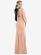 Front View Thumbnail - Pale Peach & Evergreen Bishop Sleeve Open-Back Trumpet Gown with Scarf Tie