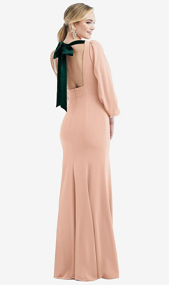 Front View - Pale Peach & Evergreen Bishop Sleeve Open-Back Trumpet Gown with Scarf Tie