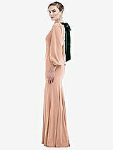 Side View Thumbnail - Pale Peach & Evergreen Bishop Sleeve Open-Back Trumpet Gown with Scarf Tie
