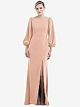 Rear View Thumbnail - Pale Peach & Evergreen Bishop Sleeve Open-Back Trumpet Gown with Scarf Tie