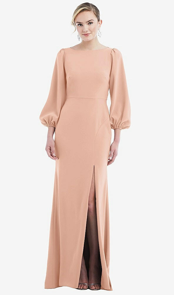 Back View - Pale Peach & Evergreen Bishop Sleeve Open-Back Trumpet Gown with Scarf Tie