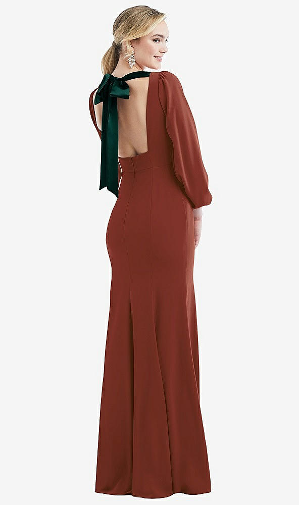 Front View - Auburn Moon & Evergreen Bishop Sleeve Open-Back Trumpet Gown with Scarf Tie