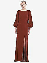 Rear View Thumbnail - Auburn Moon & Evergreen Bishop Sleeve Open-Back Trumpet Gown with Scarf Tie