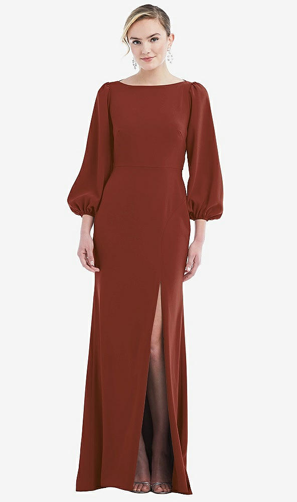 Back View - Auburn Moon & Evergreen Bishop Sleeve Open-Back Trumpet Gown with Scarf Tie