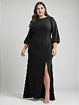 Alt View 1 Thumbnail - Black & Evergreen Bishop Sleeve Open-Back Trumpet Gown with Scarf Tie