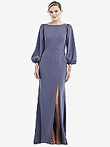 Rear View Thumbnail - French Blue & Evergreen Bishop Sleeve Open-Back Trumpet Gown with Scarf Tie