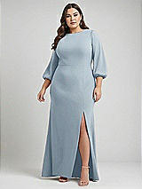Alt View 1 Thumbnail - Mist & Evergreen Bishop Sleeve Open-Back Trumpet Gown with Scarf Tie