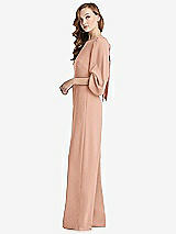 Side View Thumbnail - Pale Peach & Desert Rose Bishop Sleeve Open-Back Jumpsuit with Scarf Tie