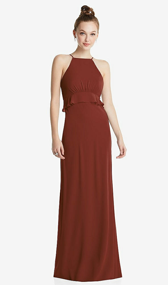 Front View - Auburn Moon Bias Ruffle Empire Waist Halter Maxi Dress with Adjustable Straps