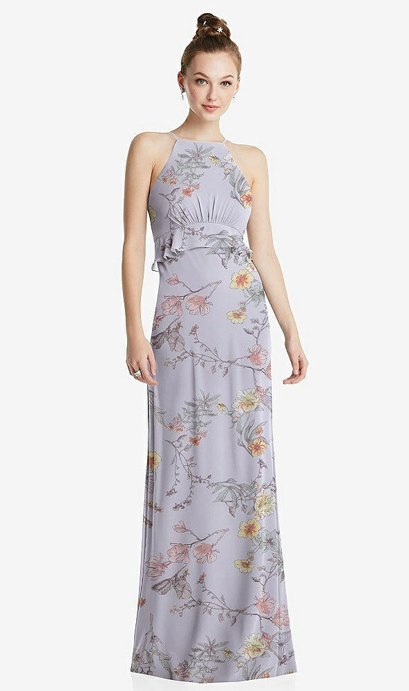Front View - Butterfly Botanica Silver Dove Bias Ruffle Empire Waist Halter Maxi Dress with Adjustable Straps