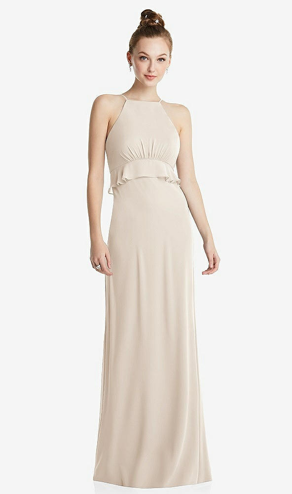 Front View - Oat Bias Ruffle Empire Waist Halter Maxi Dress with Adjustable Straps