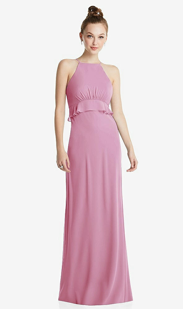 Front View - Powder Pink Bias Ruffle Empire Waist Halter Maxi Dress with Adjustable Straps