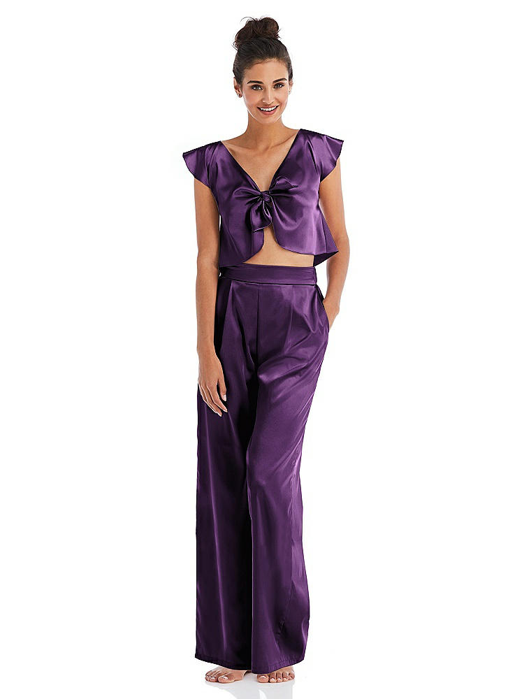 Front View - African Violet Satin Wide-Leg Lounge Pants with Pockets - Ray