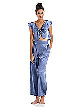 Front View Thumbnail - Periwinkle - PANTONE Serenity Satin Ankle Wide-Leg Lounge Pants - Vic