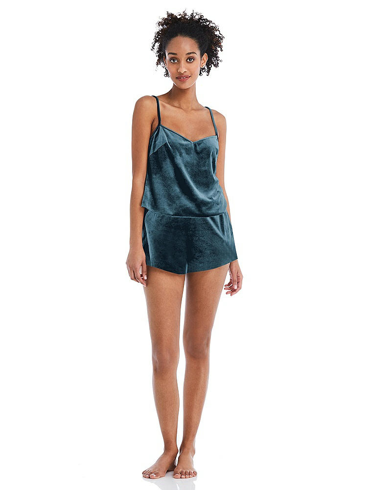 Front View - Dutch Blue Velvet Lounge Shorts with Pockets - Tessa