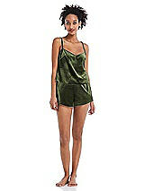 Front View Thumbnail - Olive Green Velvet Lounge Shorts with Pockets - Tessa