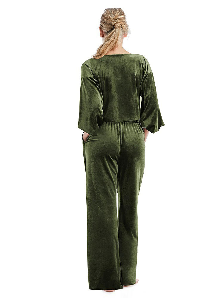 Back View - Olive Green Velvet Lounge Pants with Pockets - Cleo