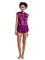 Alt View 1 Thumbnail - Persian Plum Satin Stand Collar Tie-Front Pullover Top - Remi