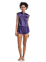 Alt View 1 Thumbnail - Regalia - PANTONE Ultra Violet Satin Stand Collar Tie-Front Pullover Top - Remi