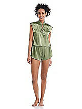 Alt View 1 Thumbnail - Kiwi Satin Stand Collar Tie-Front Pullover Top - Remi