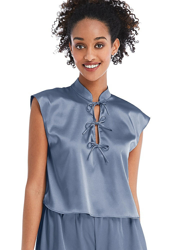 Front View - Larkspur Blue Satin Stand Collar Tie-Front Pullover Top - Remi