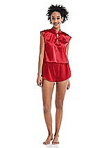 Alt View 1 Thumbnail - Parisian Red Satin Stand Collar Tie-Front Pullover Top - Remi