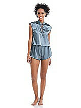 Alt View 1 Thumbnail - Slate Satin Stand Collar Tie-Front Pullover Top - Remi