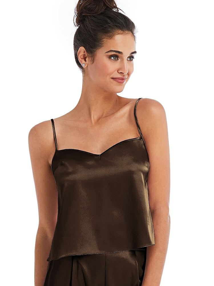 Front View - Espresso Split Back Satin Cami Top with Slim Straps