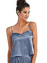 Front View Thumbnail - Larkspur Blue Split Back Satin Cami Top with Slim Straps