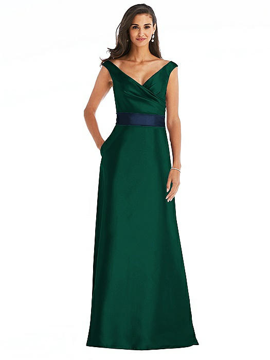 Off-the-Shoulder Draped Wrap Satin Maxi Dress