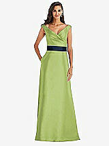 Front View Thumbnail - Mojito & Midnight Navy Off-the-Shoulder Draped Wrap Satin Maxi Dress