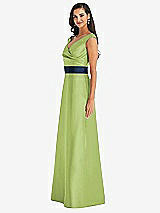 Side View Thumbnail - Mojito & Midnight Navy Off-the-Shoulder Draped Wrap Satin Maxi Dress