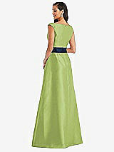 Rear View Thumbnail - Mojito & Midnight Navy Off-the-Shoulder Draped Wrap Satin Maxi Dress
