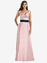 Front View Thumbnail - Ballet Pink & Midnight Navy Off-the-Shoulder Draped Wrap Satin Maxi Dress