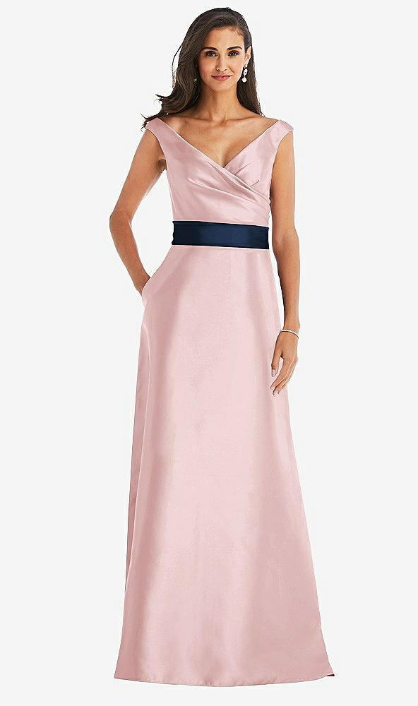 Front View - Ballet Pink & Midnight Navy Off-the-Shoulder Draped Wrap Satin Maxi Dress