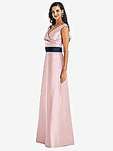 Side View Thumbnail - Ballet Pink & Midnight Navy Off-the-Shoulder Draped Wrap Satin Maxi Dress