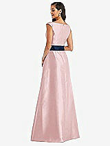Rear View Thumbnail - Ballet Pink & Midnight Navy Off-the-Shoulder Draped Wrap Satin Maxi Dress