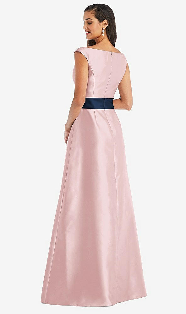 Back View - Ballet Pink & Midnight Navy Off-the-Shoulder Draped Wrap Satin Maxi Dress