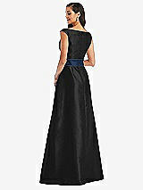 Rear View Thumbnail - Black & Midnight Navy Off-the-Shoulder Draped Wrap Satin Maxi Dress