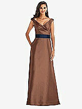 Front View Thumbnail - Cognac & Midnight Navy Off-the-Shoulder Draped Wrap Satin Maxi Dress