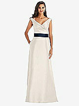 Front View Thumbnail - Ivory & Midnight Navy Off-the-Shoulder Draped Wrap Satin Maxi Dress