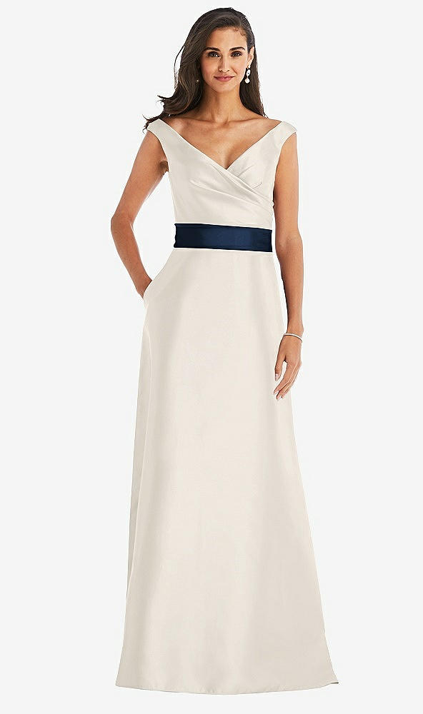 Front View - Ivory & Midnight Navy Off-the-Shoulder Draped Wrap Satin Maxi Dress
