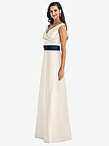 Side View Thumbnail - Ivory & Midnight Navy Off-the-Shoulder Draped Wrap Satin Maxi Dress
