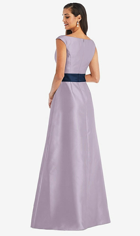 Back View - Lilac Haze & Midnight Navy Off-the-Shoulder Draped Wrap Satin Maxi Dress