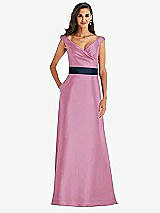 Front View Thumbnail - Powder Pink & Midnight Navy Off-the-Shoulder Draped Wrap Satin Maxi Dress