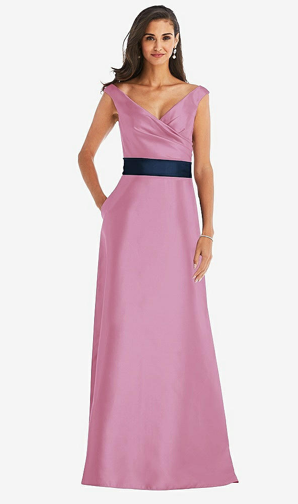 Front View - Powder Pink & Midnight Navy Off-the-Shoulder Draped Wrap Satin Maxi Dress