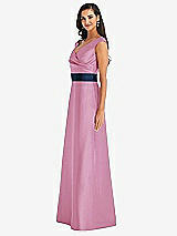Side View Thumbnail - Powder Pink & Midnight Navy Off-the-Shoulder Draped Wrap Satin Maxi Dress