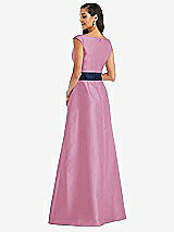 Rear View Thumbnail - Powder Pink & Midnight Navy Off-the-Shoulder Draped Wrap Satin Maxi Dress