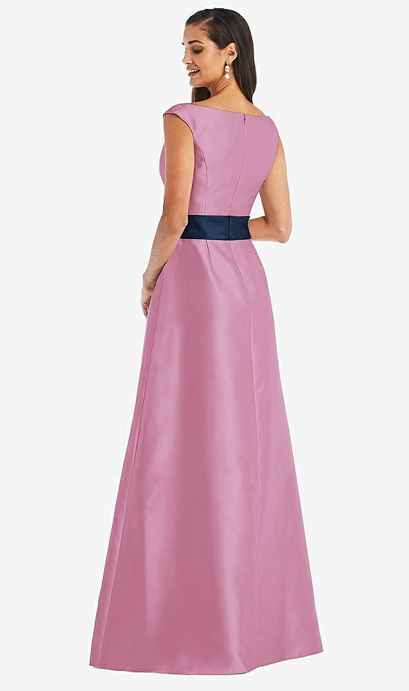 Back View - Powder Pink & Midnight Navy Off-the-Shoulder Draped Wrap Satin Maxi Dress
