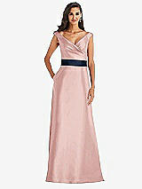 Front View Thumbnail - Rose & Midnight Navy Off-the-Shoulder Draped Wrap Satin Maxi Dress